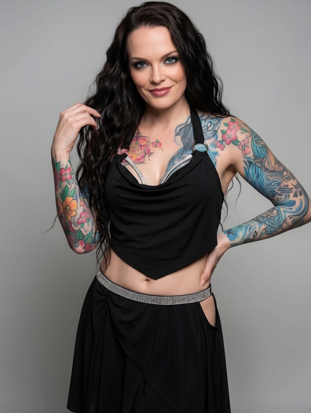 Poster Grl ✦ Black Rhinestone Halter Set ✦ Crop Top Mini Skirt Handkerchief Hem